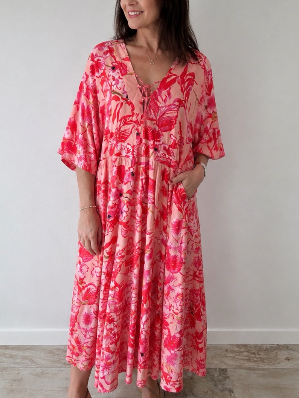 NWT 100% Rayon Pink Floral Lace-Up V-Neck Robe Dress